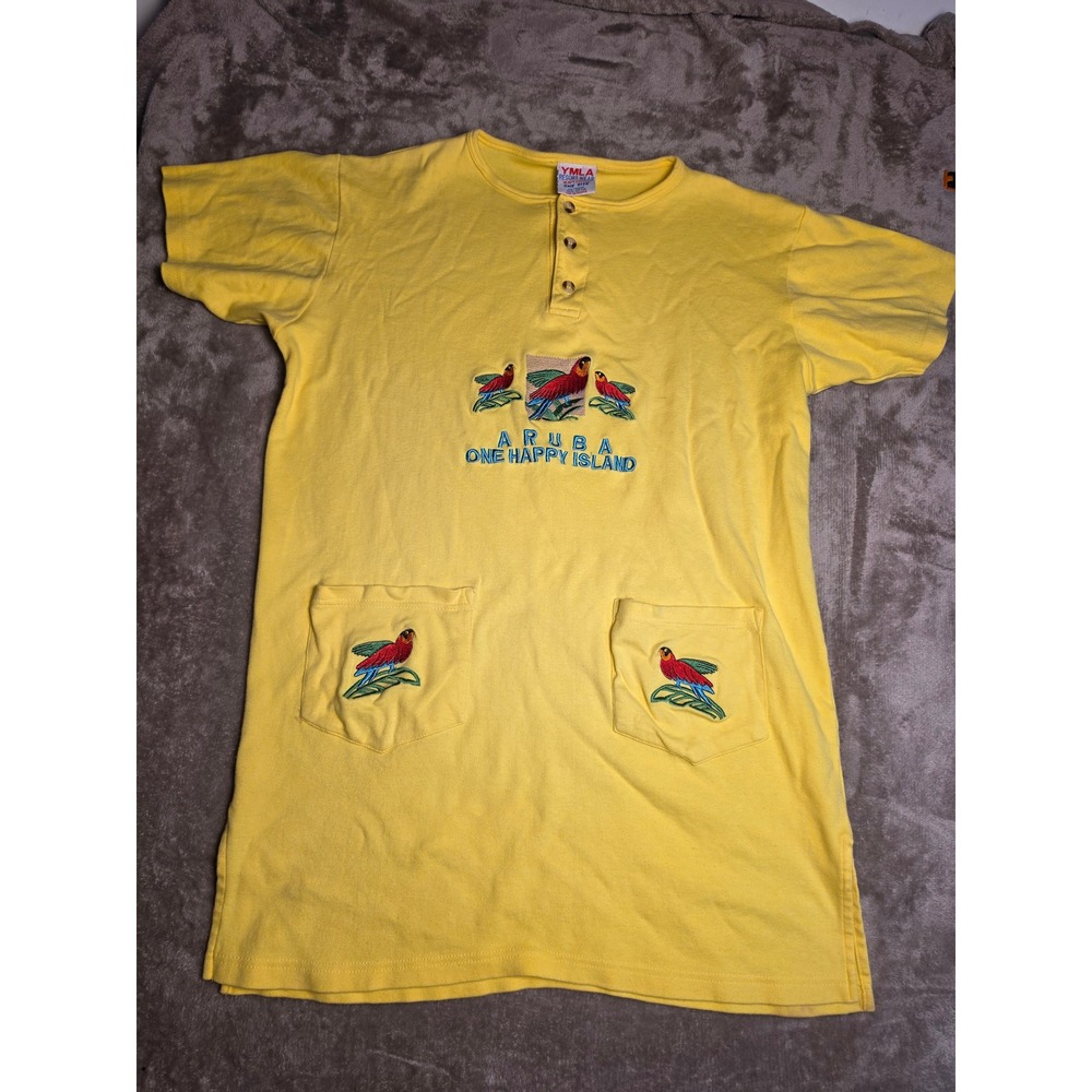 Vintage 80s YMLA Resort Wear Aruba T-Shirt Dress Yellow Parrot Embroidered OS